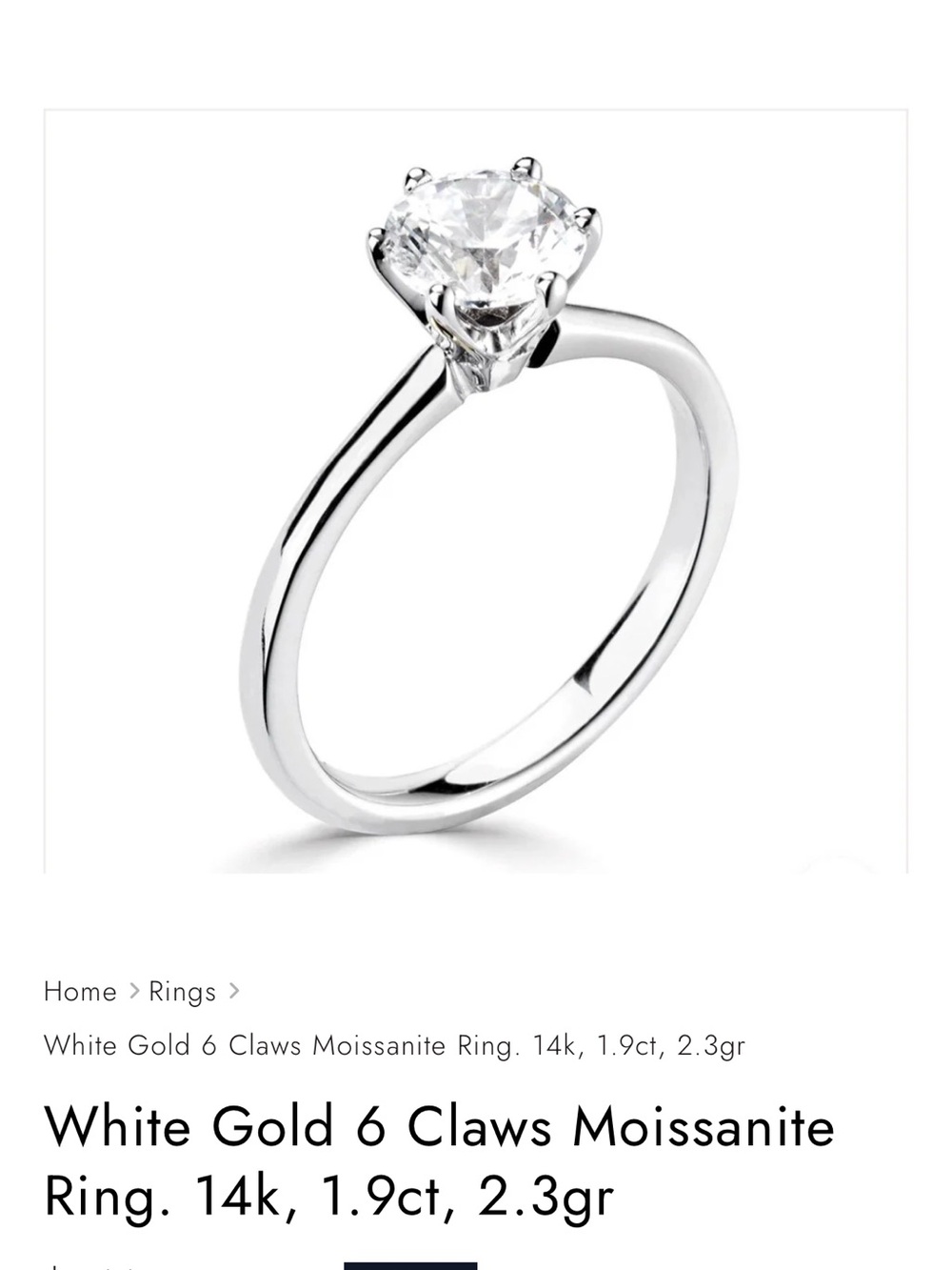 Brand New, 14kWhite Gold 6-Claw Moissanite Solitaire Ring - White